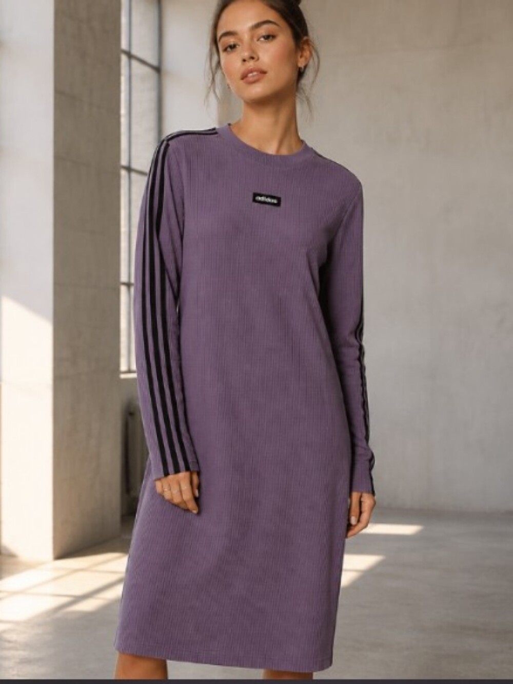adidas Lavender Long-Sleeve Ribbed Dress with Black Stripe Accents